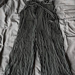 Black striped linen ankle pants